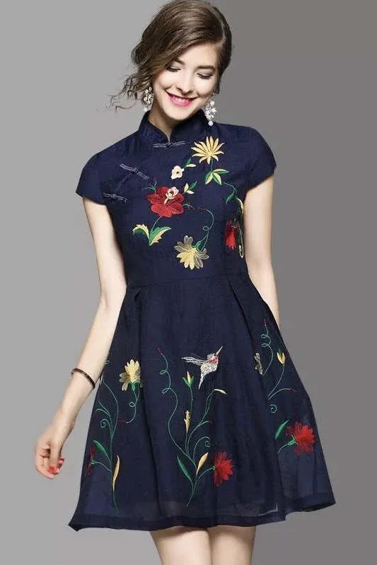 Floral Embroidered Qipao Dress Tunics Office stylish