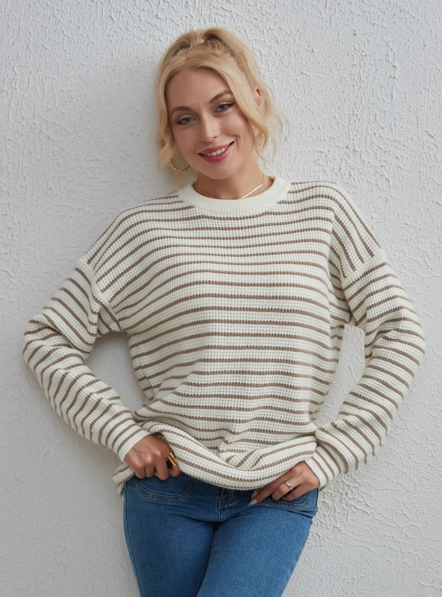 CLASSY STRIPED ROUND NECK CASUAL LOOSE SWEATER Graphic Sweater Embroidered Appliqued