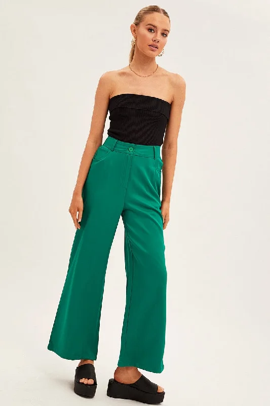 Green Wide Leg Pants High Rise Comfortable Denim Leggings