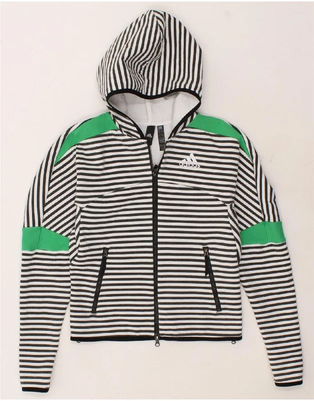 ADIDAS Womens Zip Hoodie Sweater UK 8/10 Small Black Striped Cotton Hoodie with Contrast Stitching Detailed Premium