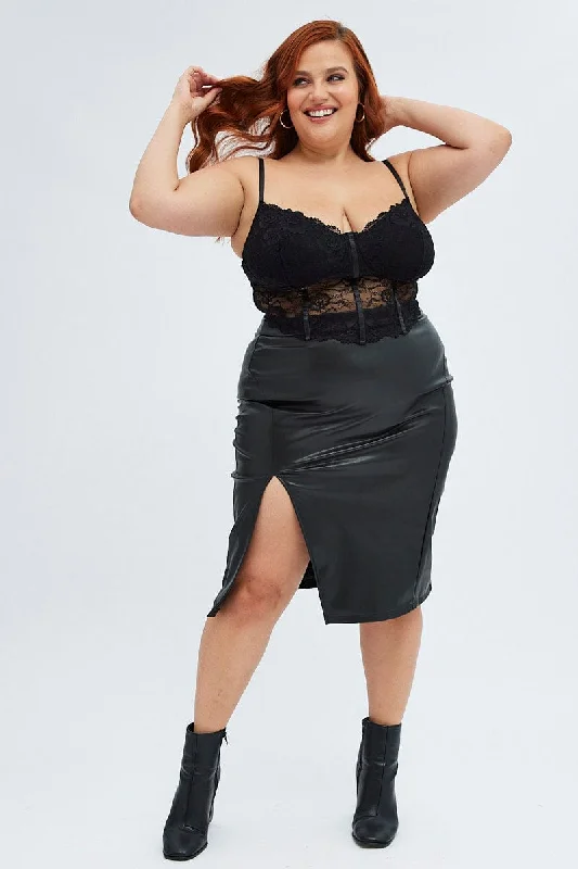 Black Split Skirt Midi Faux Leather wool skirt breathable