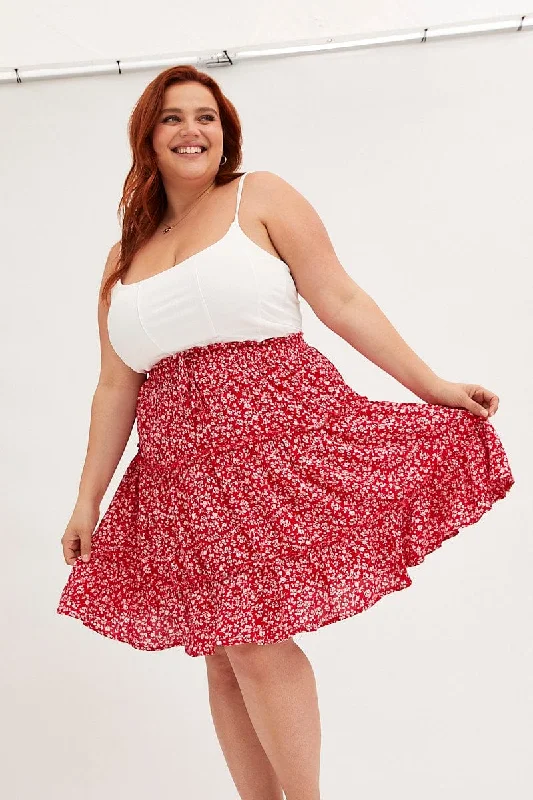 Red Ditsy Mini Skirt High Rise Tiered corduroy skirt cozy