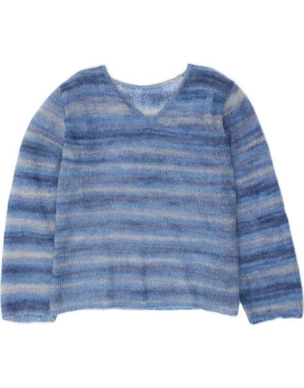 VINTAGE Womens V-Neck Jumper Sweater UK 16 Large Blue Striped Cotton Soft Cozy Warm