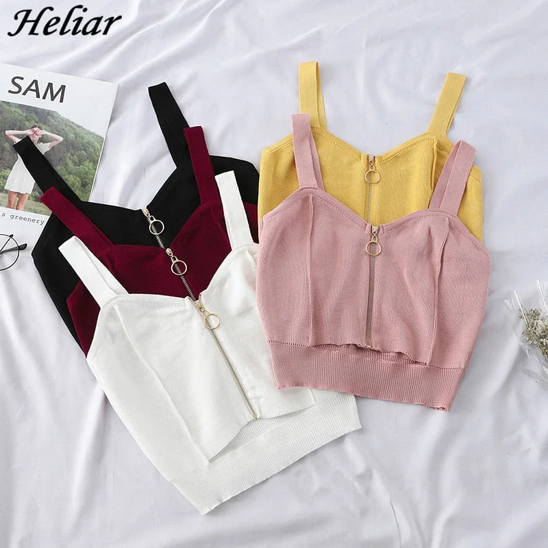 HELIAR Women Crop Top Club Sexy Zipper Knitting Camisole With Hole Female Tank Tops Ladies Sleeveless Solid Simple Tops Women strappy tank top