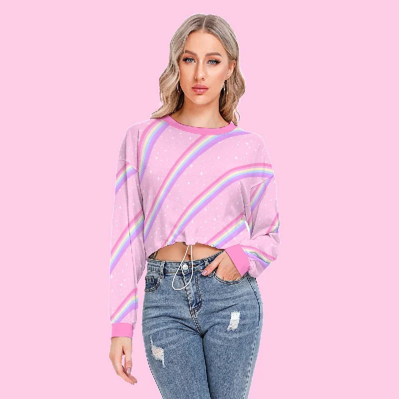 Kawaii Sparkle Cake Rainbow Beam Women's Crop Top Long Sleeve Sweatshirt With Hem Drawstring Hoodie with Half-Zip Sporty Casual