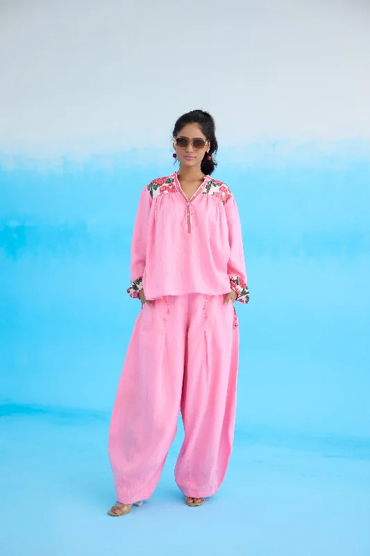 Pink Rose Baggy Pants Formal Linen Trousers
