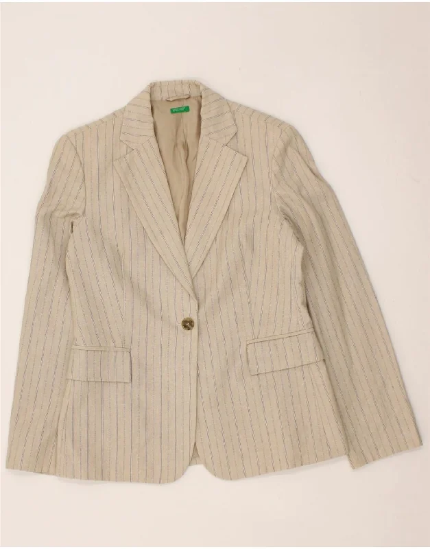 BENETTON Womens 1 Button Blazer Jacket IT 44 Medium Beige Pinstripe Cotton Nylon Fabric Polyester Fabric Spandex Fabric