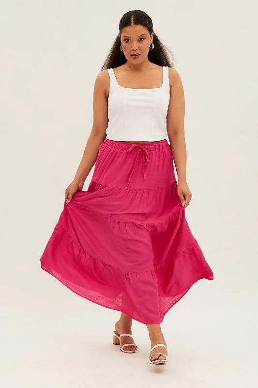 Pink Maxi Skirt High Waist Tiered low waist skirt