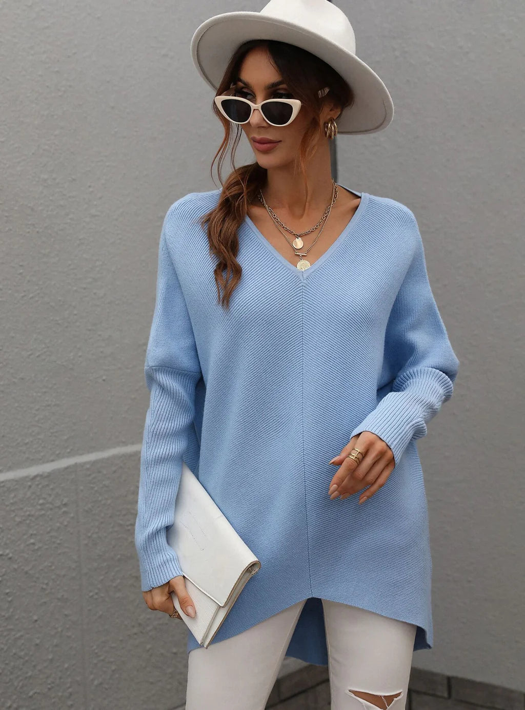 FASHION SOLID COLOR V-NECK FASHION TOP SWEATER Denim Fabric Leather Fabric Suede Fabric