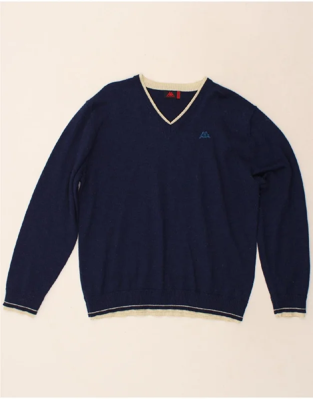 KAPPA Womens V-Neck Jumper Sweater UK 18 XL Navy Blue Wool Silk Blend Satin Velvet