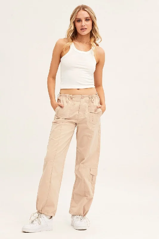 Beige Pants Strap Waist Cargo Casual Track Pants