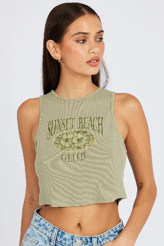 Green Graphic Tank Sleeveless mesh tank top