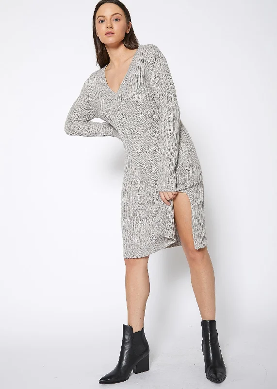 Ribbed Knit V Neck Sweater Midi Dress by Shop at Konus Oversized Loose Flowy