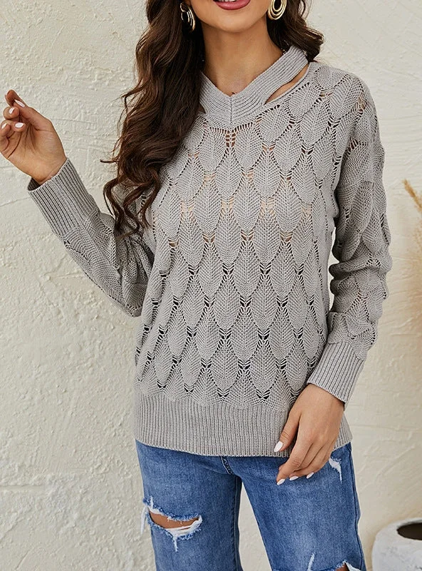 SOLID-COLOR V-NECK FISH-SCALE HOLLOW SWEATER Ribbed Striped Patterned