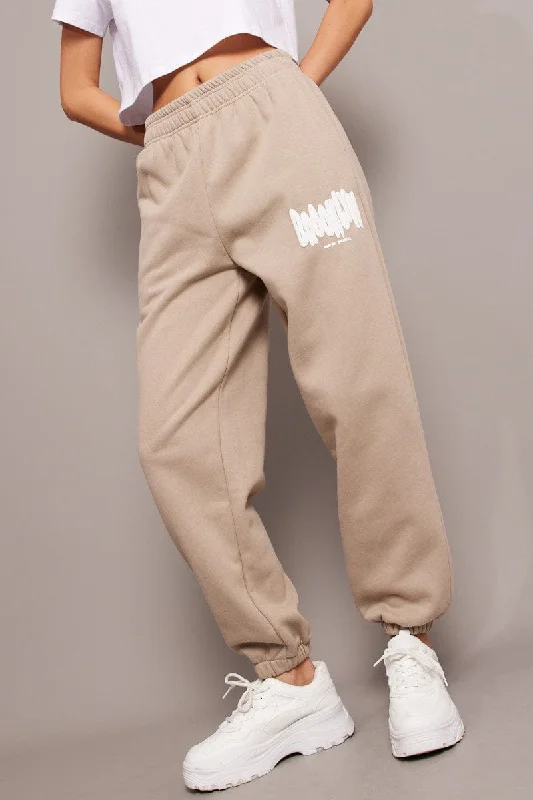 Beige Track Pants High Rise Casual Lounge Pants