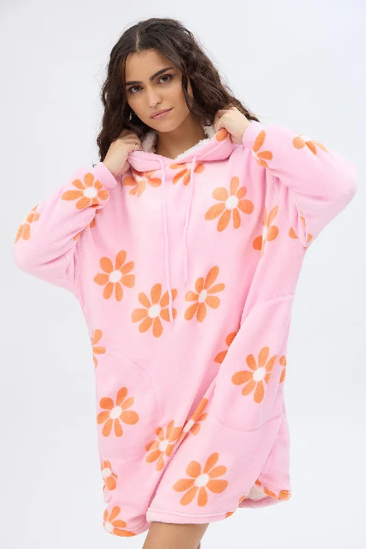 Printed Plush Blanket Hoodie Hoodie with Button Placket Classic Preppy