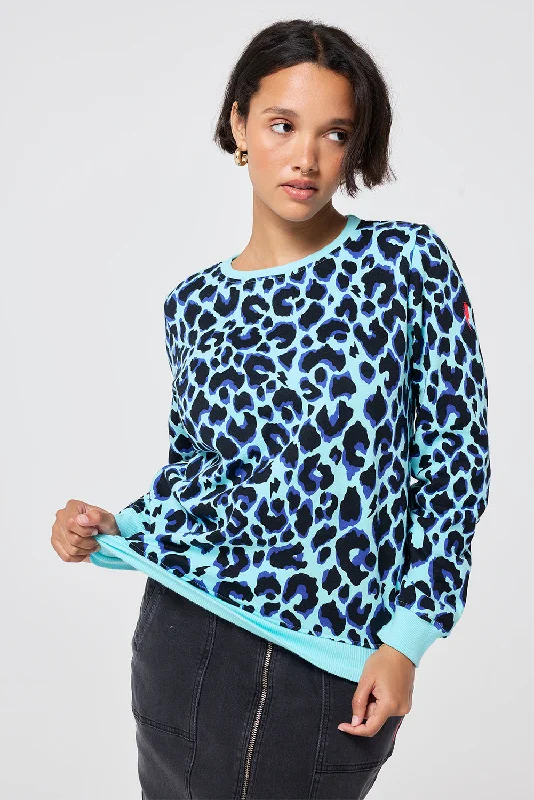 Turquoise with Black and Blue Shadow Leopard Classic Sweatshirt Hoodie with Sequins Glamorous Eye-catching