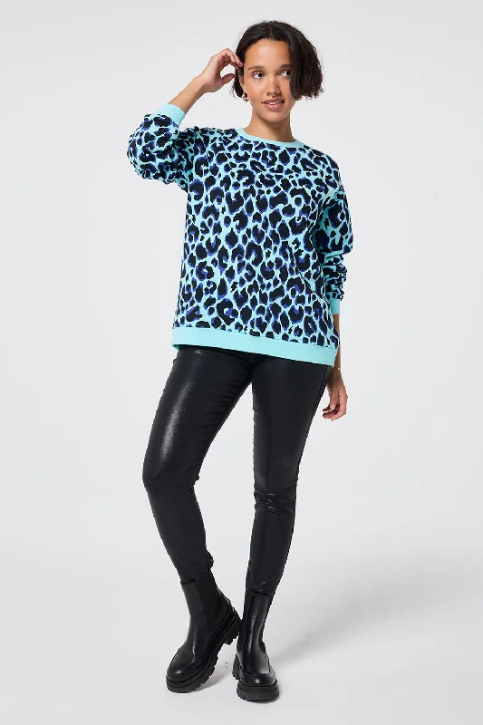 Turquoise with Black and Blue Shadow Leopard Oversized Sweatshirt Hoodie with Applique Textured Unique