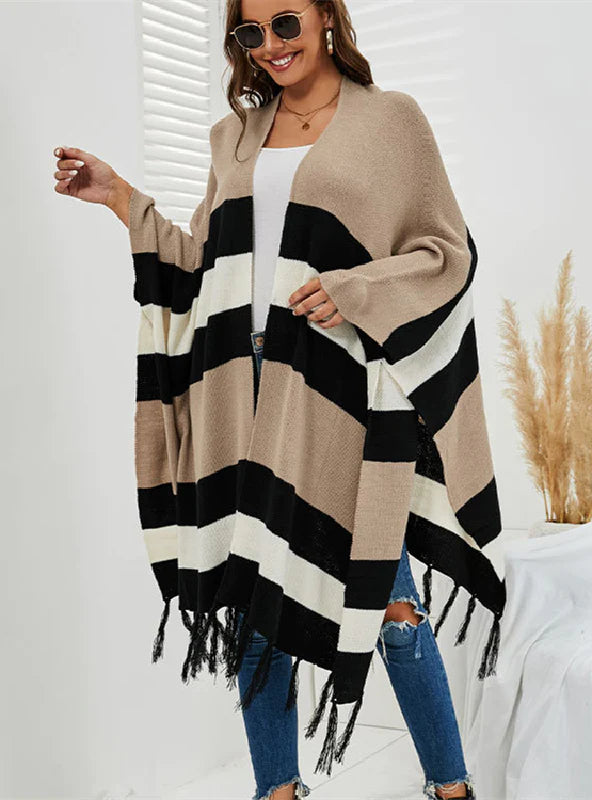 FRINGE SWEATER SHAWL COAT Polka Dot Checkered Tartan