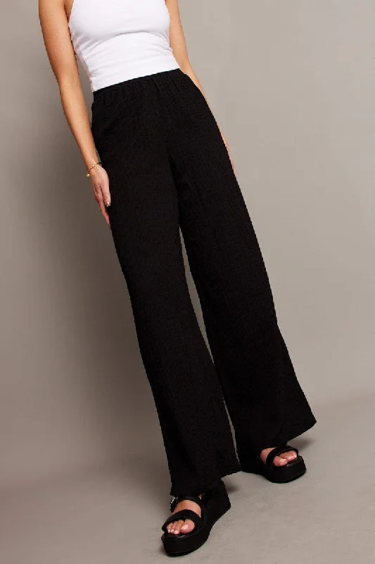 Black Wide Leg Pants High Rise Textured Fabric Wide-Legged Palazzos