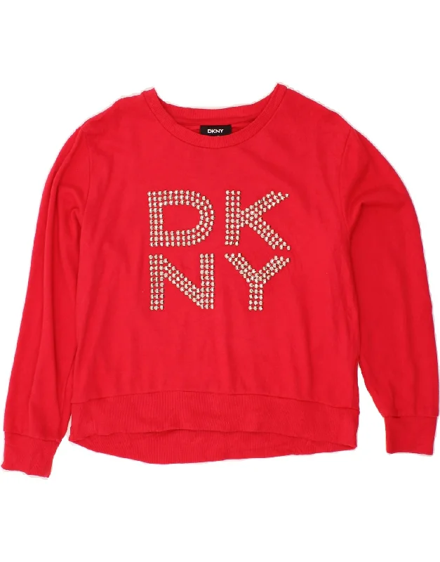 DKNY Womens Graphic Sweatshirt Jumper UK 14 Medium Red Cotton Hoodie with Earth Tones Natural Calm