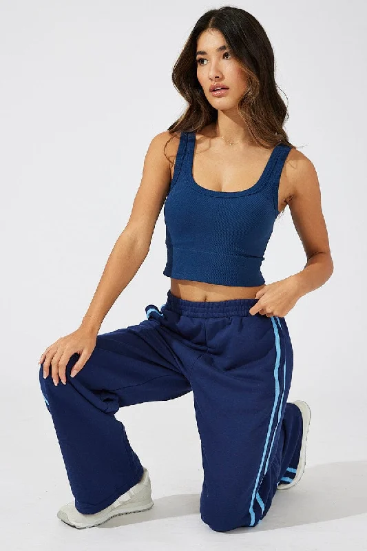 Blue Wide Leg Track Pants Chic Faux Leather Pants