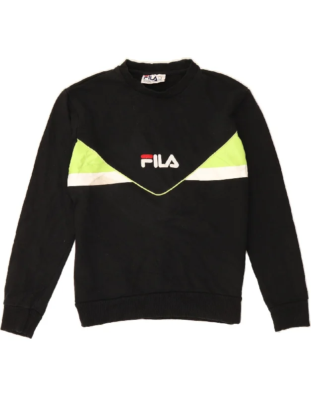 FILA Womens Graphic Sweatshirt Jumper UK 14 Medium Black Colourblock Hoodie with Illustration Artistic Creative