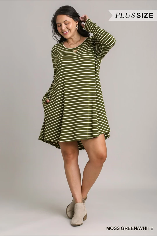 Green Stripe Pocket Dress Tunics Denim casual