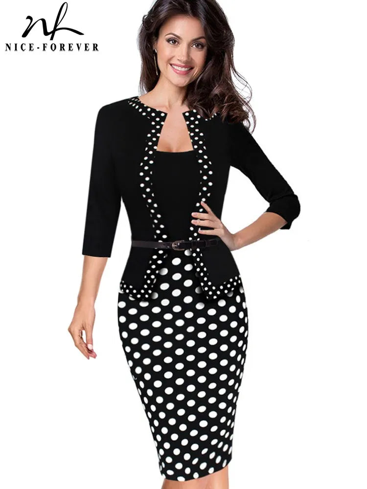 Nice-Forever One-Piece Faux Jacket Retro Contrast Polka Wear to Work Business Vestidos Office Bodycon Women Sheath Dress B407 Hooded Jacket Caped Jacket Shawl Collar Jacket