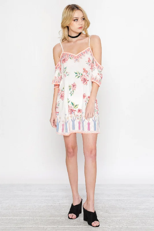 Floral Cold Shoulder Shift Dress Tunics Solid Classic