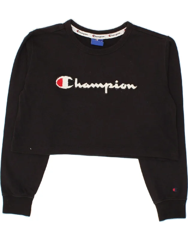 CHAMPION Womens Crop Graphic Sweatshirt Jumper UK 6 XS Black Cotton Hoodie with Drop Shoulder Relaxed Streetwear