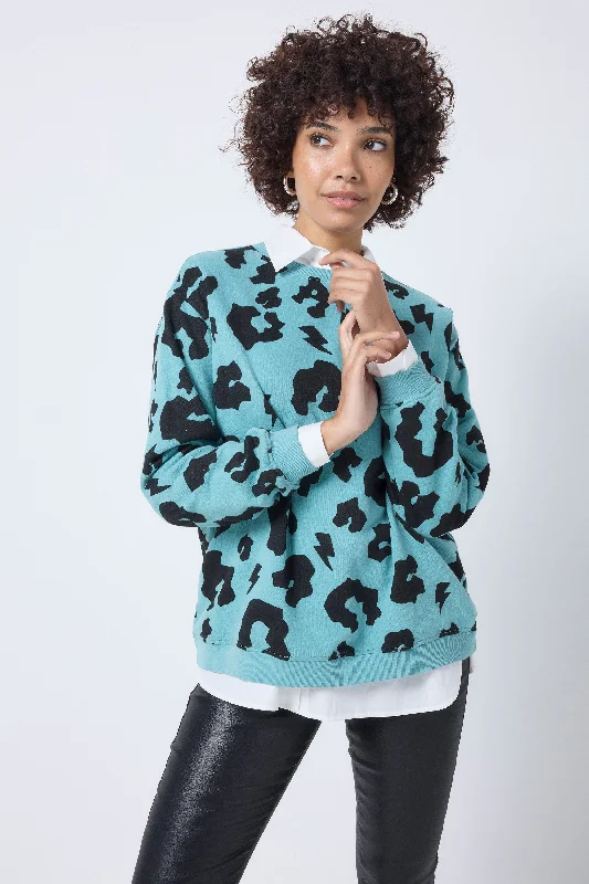 Khaki with Black Leopard Oversized Sweatshirt Hoodie with Back Slit Movement Comfort