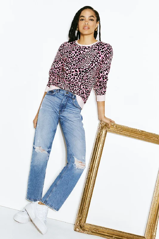 Neutral with Pink and Black Rock and Roll Leopard Classic Sweatshirt Hoodie with Emblem Brand Identity