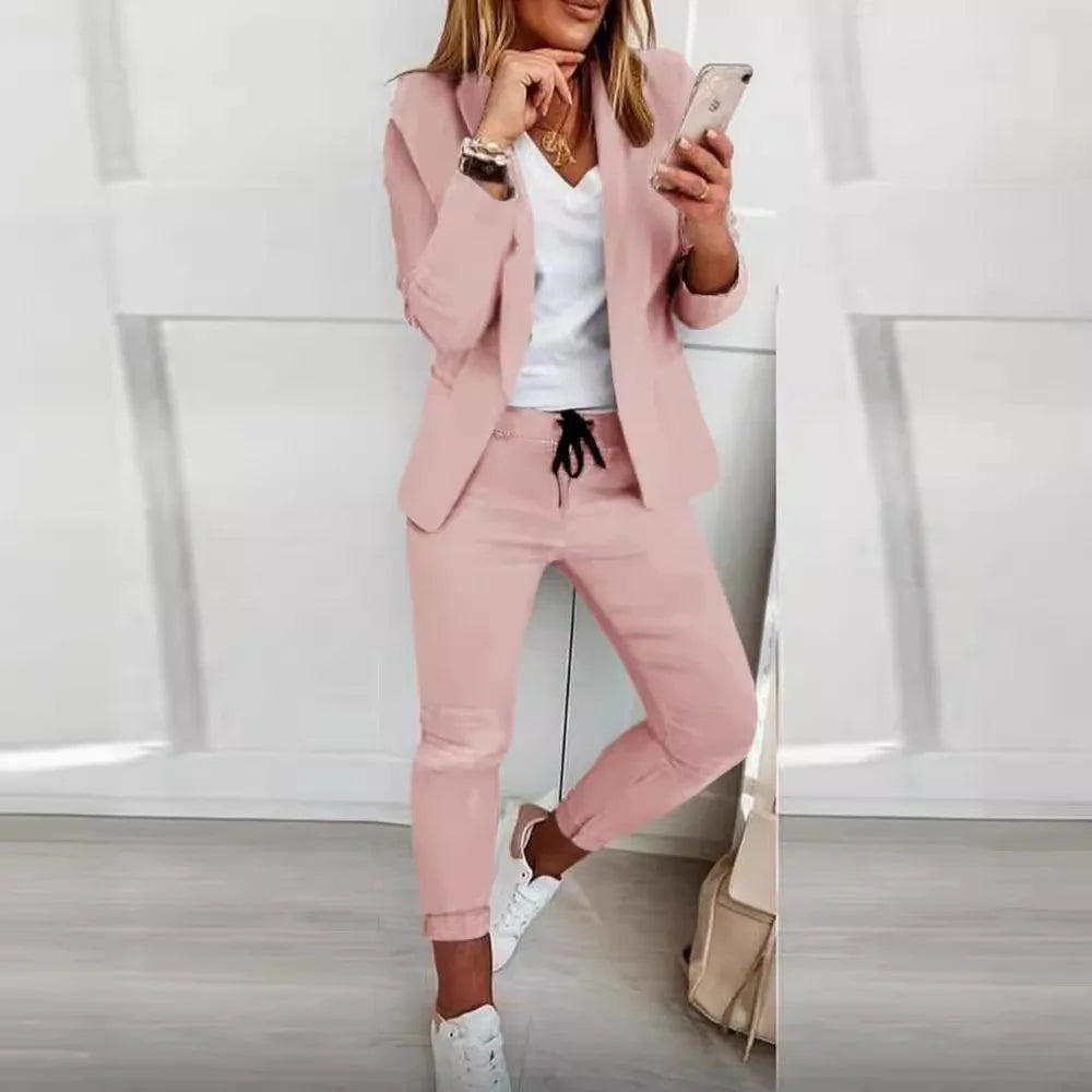 2024  AliExpress  Europe and America new women's solid color temperament jacket straight tube casual commuting pants  suit set Zippered Front Buttoned Front Snap Front