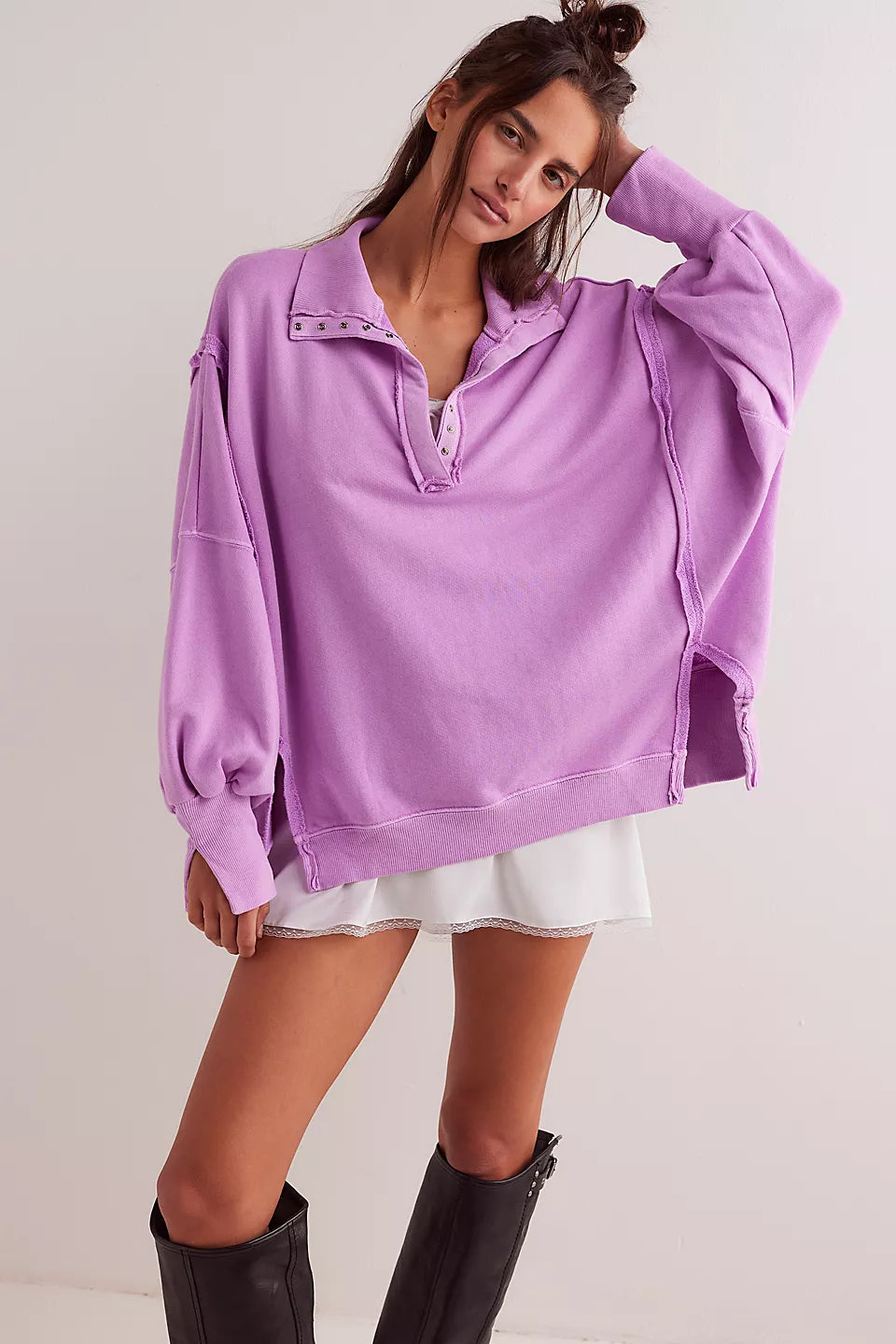 Free People We The Free Camden Henley Sweatshirt - BUBBLE TEA Hoodie with Slit Hem Functional Movement