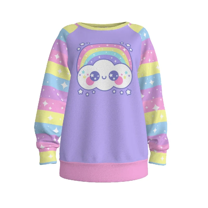 Happy Rainbow Cloud Purple Women's Raglan Sleeve Sweatshirt Hoodie with Button Classic Timeless