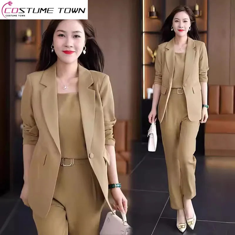 Summer Thin Jacket Blazer Casual Pencil Pants Vest Three Piece Set Elegant Women's Pants Set Office Outfits Business Clothing Ribbed Jacket Pleated Jacket Ruffled Jacket