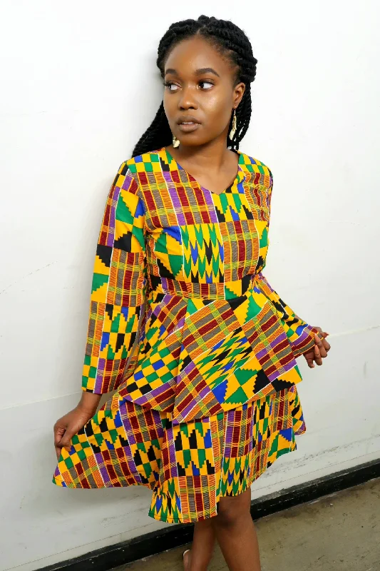 Long-Sleeve Layered Kente Skirt Dress Tunics Seasonal trendy