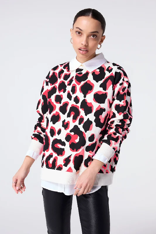 Ivory with Neon Coral and Black Mega Shadow Leopard Oversized Sweatshirt Hoodie with Crew Neck Simple Timeless