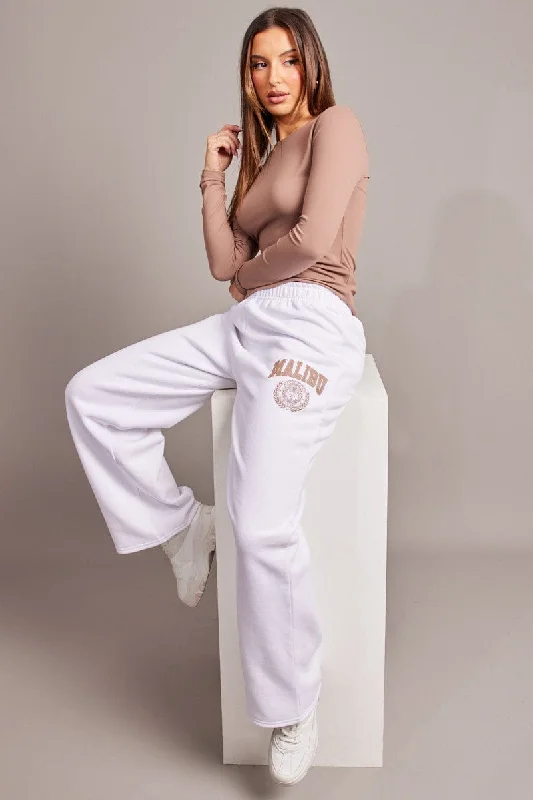 White Track Pants Wide Leg Stretch Fit Pants