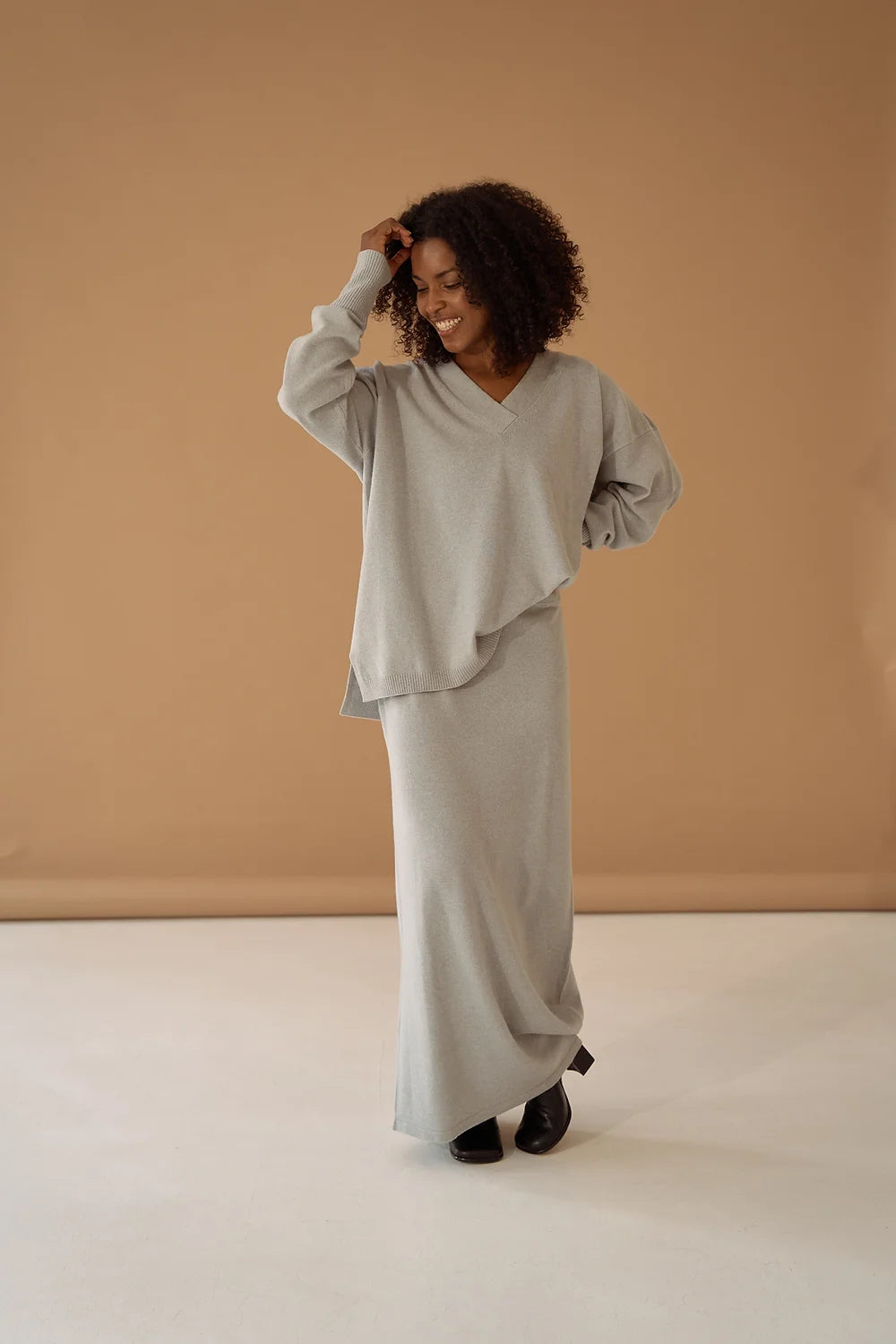 Grey Melange Maxi Skirt Cashmere Wool mini skirt trendy