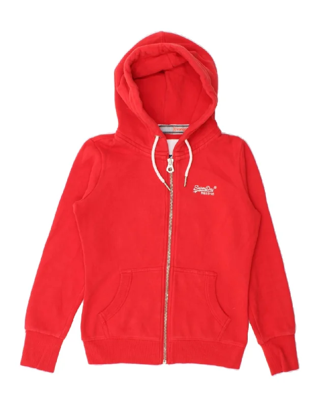 SUPERDRY Womens Zip Hoodie Sweater UK 10 Small Red Cotton Fleece Sweater Nylon Polyester