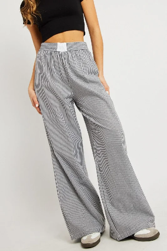 Grey Stripe Wide Leg Pants High Rise Lightweight Linen Pants