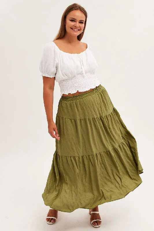 Khaki Maxi Skirt Elastic Waist Long Textured leather skirt refined