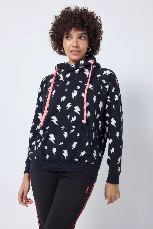 Black with White Lightning Bolt Cowl Neck Hoodie Hoodie with Embroidery Detailed Premium