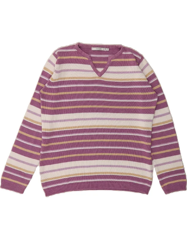 EWM Womens V-Neck Jumper Sweater UK 14 Medium Purple Striped Cotton Satin Blend Silk Blend Wool Blend