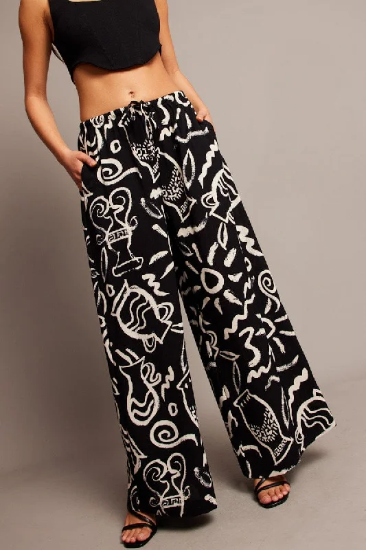 Black Abstract Wide Leg Pants High Rise Soft Stretch Pants