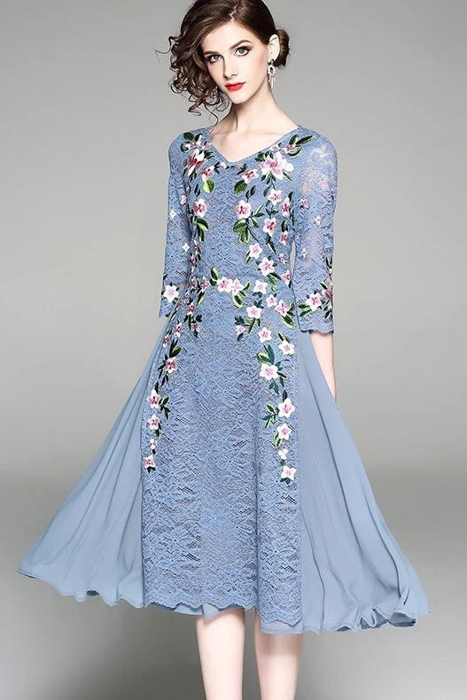 Floral Embroidered Dress W/ Side Slit Pencil Office Professional