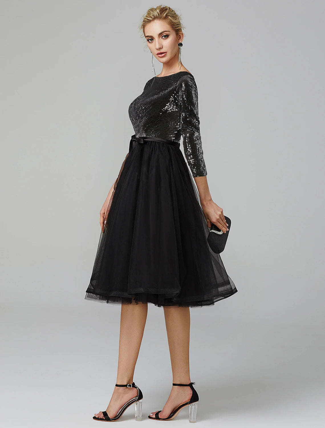 A-Line Cocktail Dresses Sparkle & Shine Dress Formal Tea Length 3/4 Length Sleeve Jewel Neck Fall Wedding Guest Tulle with Sequin Strappy Tunics Long Elegant