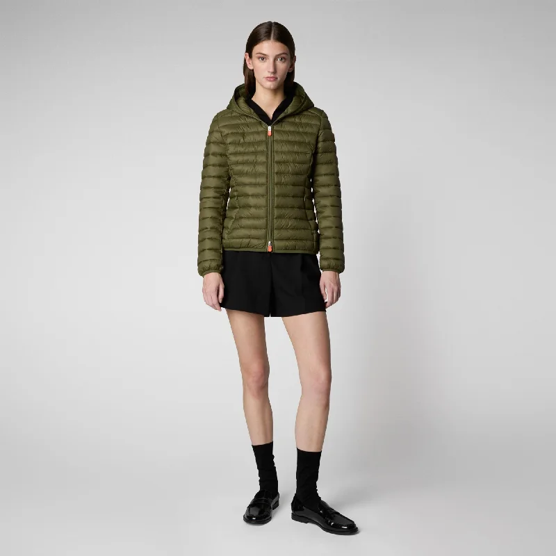 Women's Hooded Animal free Puffer Jacket Daisy in Dusty Olive Plaid Jacket Tartan Jacket Houndstooth Jacket